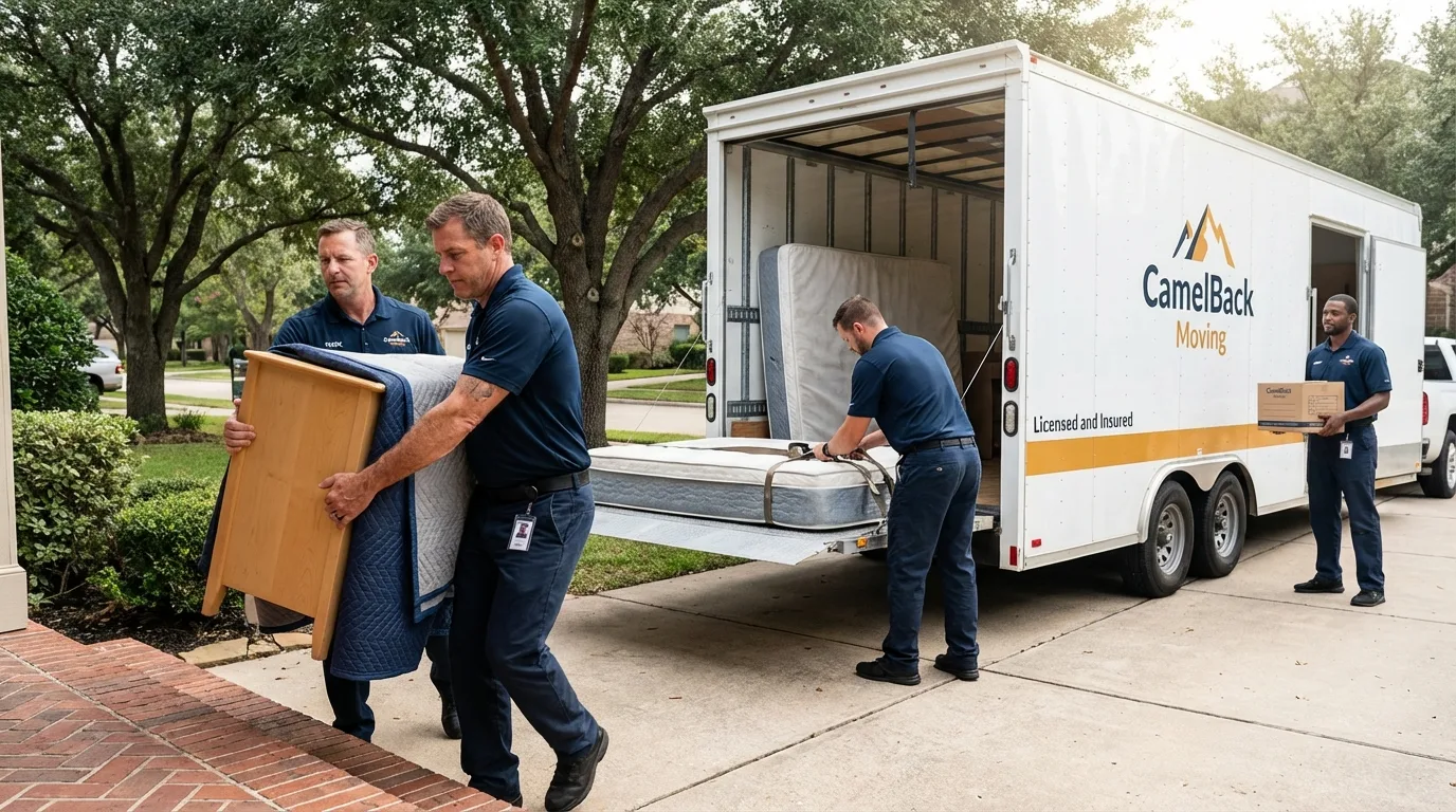 Crew loading residential truck for cross-state move from Moundridge, KS