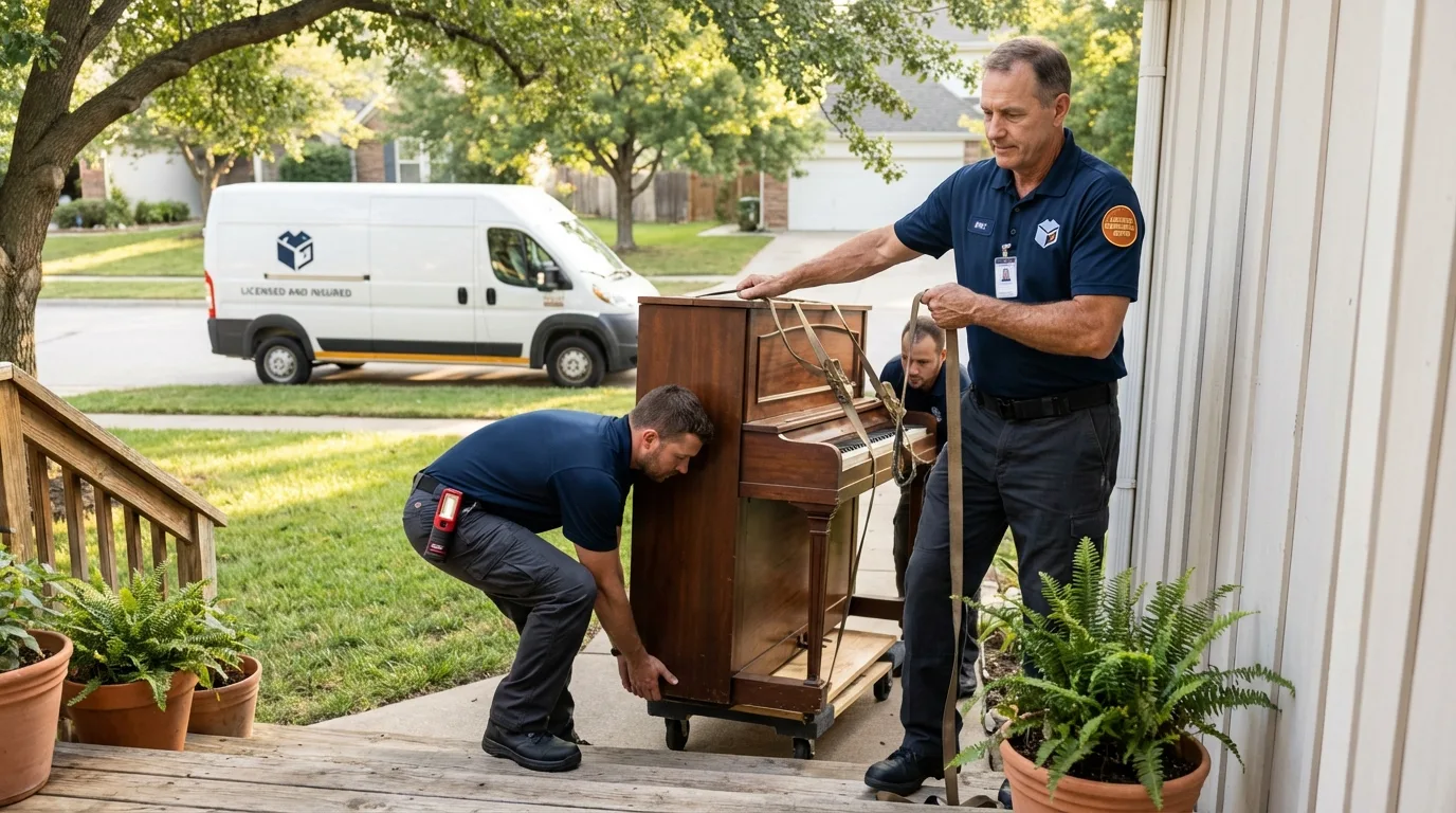 Licensed piano movers securing grand piano in Moundridge, KS