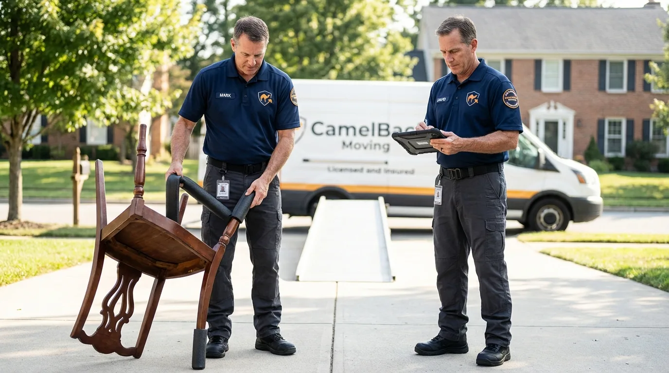Movers inspecting furniture for damage prevention before loading in Moundridge, KS