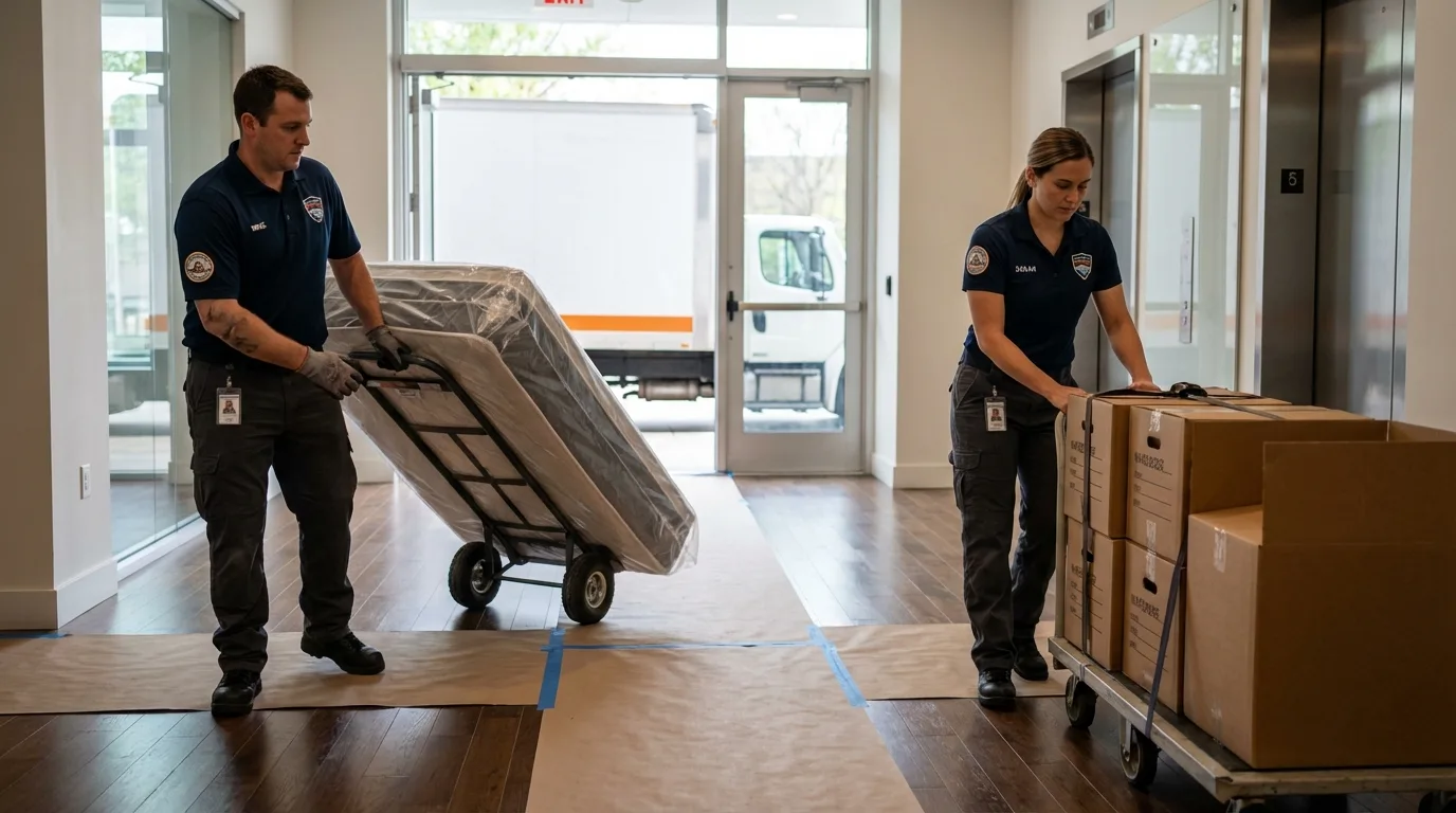 Professional apartment movers loading elevator in Moundridge, KS